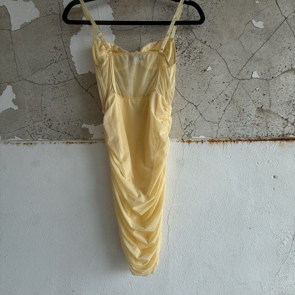 Y2K Corset Dress Ruched Sheer Mesh Bodycon Mini Yellow Womens S Coquette Glam - Picture 4 of 6